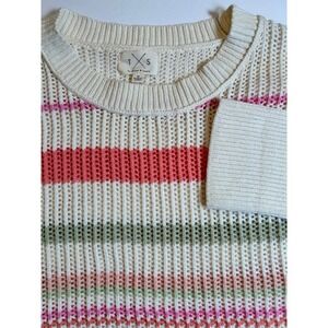 Thread & Supply Striped Crochet Knit Sweater Medium Cream Coral Boxy Women's